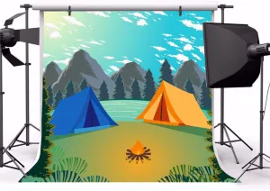 Yeele 8x8ft Cartoon Summer Camping Backdrop Lakeside Camping Tent Photography Background Boy Girl Portrait Photo Booth Shooting Studio Props