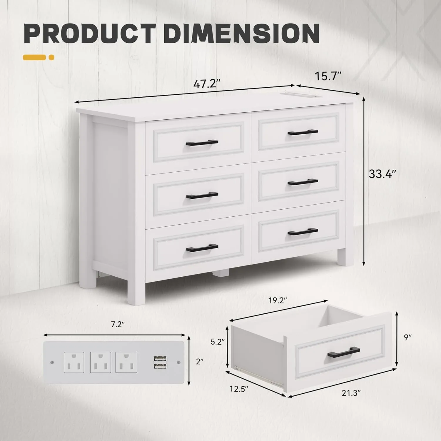 YITAHOME 6-Drawer Dresser with Built-in Power Outlet, Wood TV Stand with 6 Large Drawers and Bar Handles, White Dresser Chest of Drawers for Living Room, Hallway, Entryway