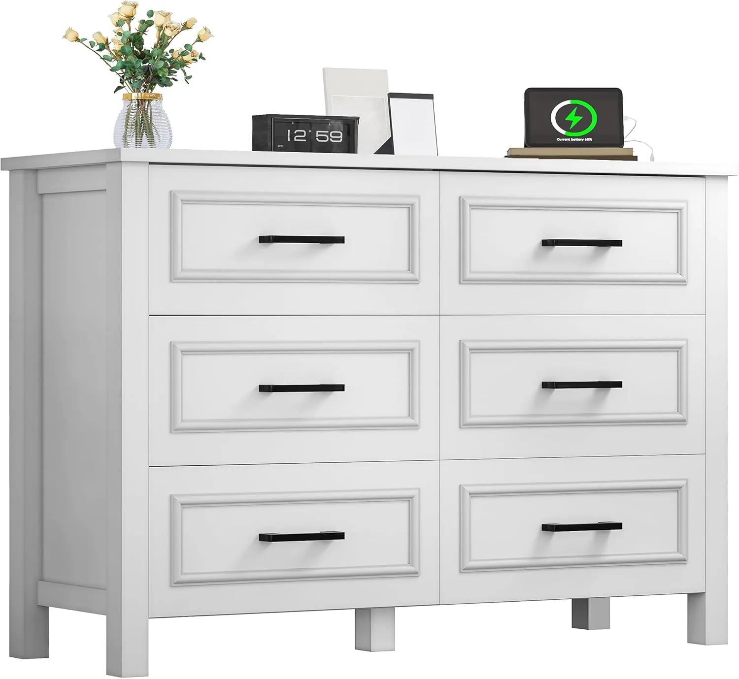 YITAHOME 6-Drawer Dresser with Built-in Power Outlet, Wood TV Stand with 6 Large Drawers and Bar Handles, White Dresser Chest of Drawers for Living Room, Hallway, Entryway