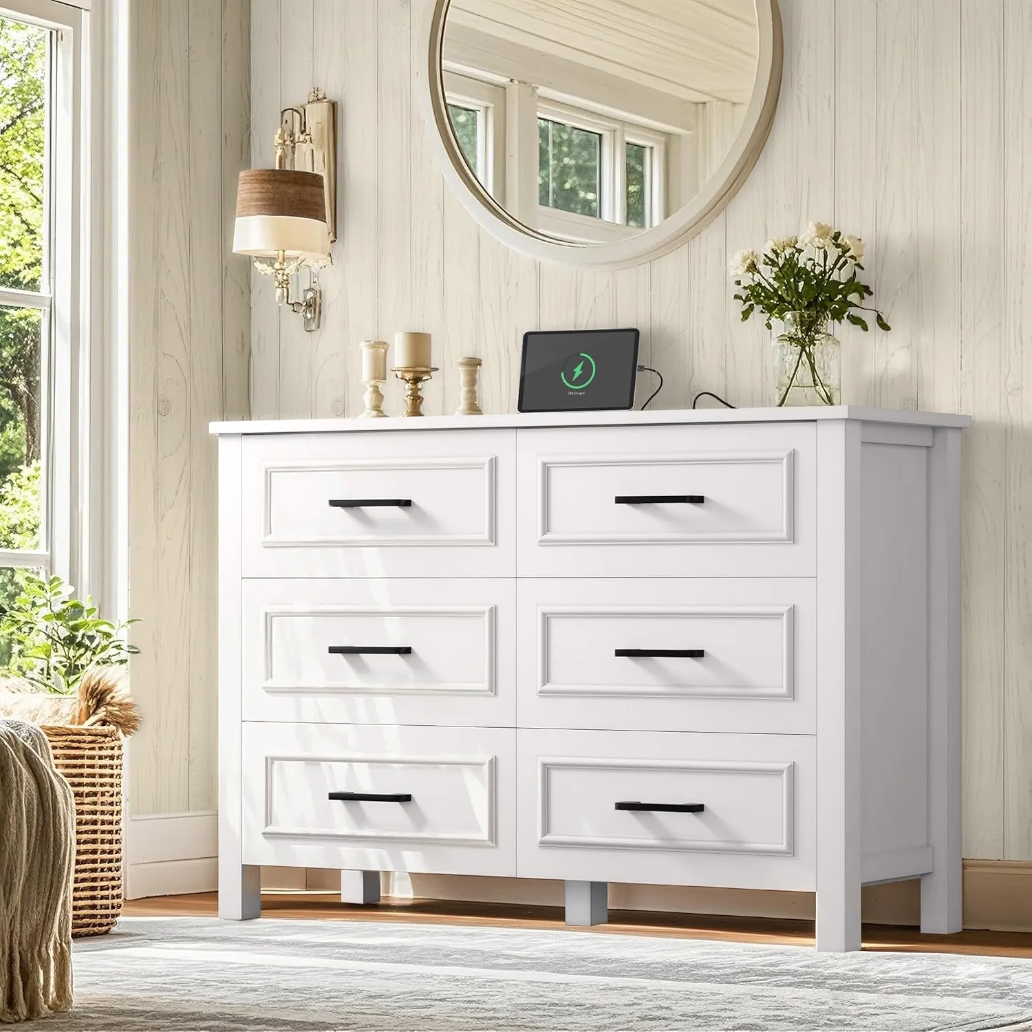 YITAHOME 6-Drawer Dresser with Built-in Power Outlet, Wood TV Stand with 6 Large Drawers and Bar Handles, White Dresser Chest of Drawers for Living Room, Hallway, Entryway