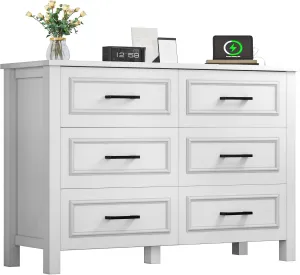 YITAHOME 6-Drawer Dresser with Built-in Power Outlet, Wood TV Stand with 6 Large Drawers and Bar Handles, White Dresser Chest of Drawers for Living Room, Hallway, Entryway