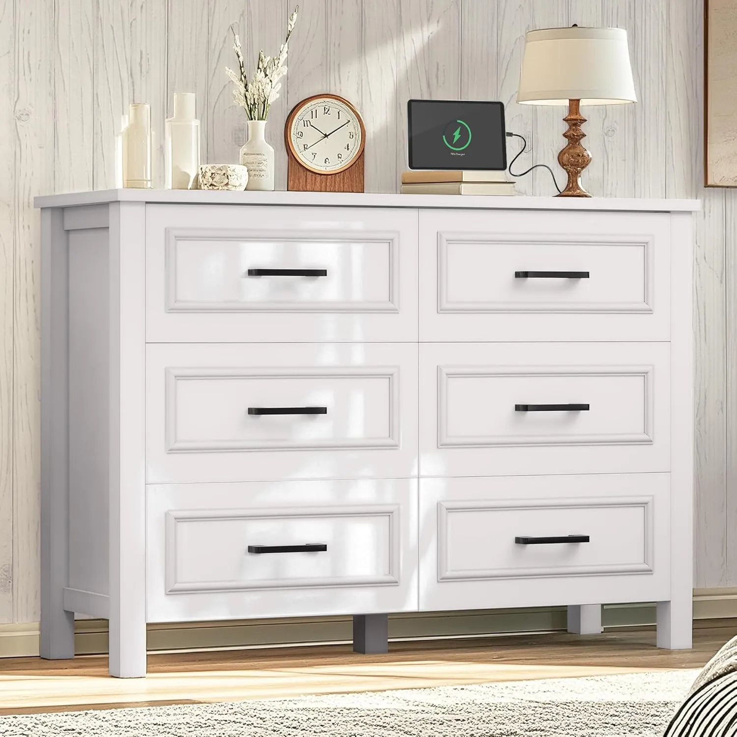 YITAHOME 6-Drawer Dresser with Built-in Power Outlet, Wood TV Stand with 6 Large Drawers and Bar Handles, White Dresser Chest of Drawers for Living Room, Hallway, Entryway