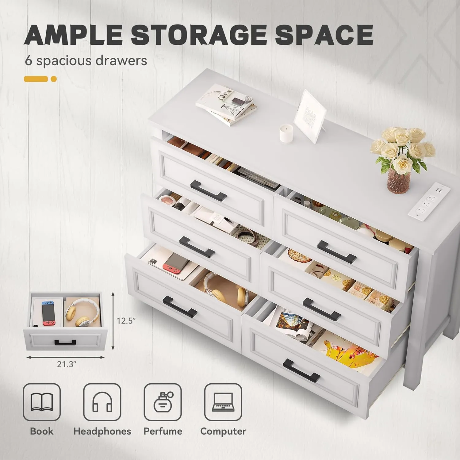 YITAHOME 6-Drawer Dresser with Built-in Power Outlet, Wood TV Stand with 6 Large Drawers and Bar Handles, White Dresser Chest of Drawers for Living Room, Hallway, Entryway