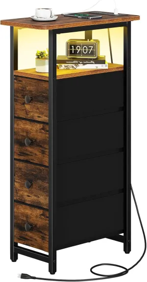 Yoobure Nightstand with Charging Station, LED Tall Skinny Nightstand Narrow Dresser, Small Dresser Night Stand, Bedside End Table Storage Cabinet, Narrow Side Table Bedroom for Small Spaces