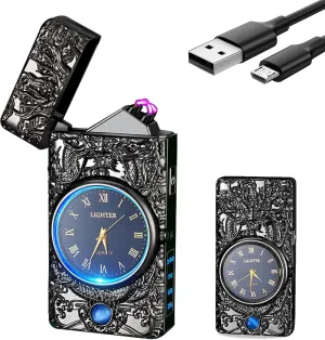 YOZWOO Electric Lighter Plasma Arc Lighter Rechargeable USB Lighters Windproof Flameless Dragon Clock Lighters with LED Lighting Gift for Boy and Girl(Black)