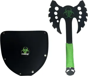 Z Hunter - Fantasy Axe - Black Stainless Steel Double Headed Axe w/Bio Hazard Graphic, Black Stainless Steel Handle with Green Cord Wrap, Full Tang, Well Balanced, Zombie Slayer - ZB-AXE12