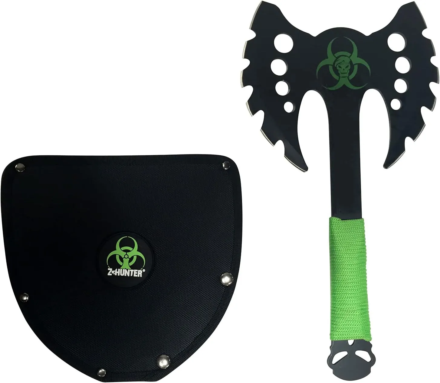 Z Hunter - Fantasy Axe - Black Stainless Steel Double Headed Axe w/Bio Hazard Graphic, Black Stainless Steel Handle with Green Cord Wrap, Full Tang, Well Balanced, Zombie Slayer - ZB-AXE12