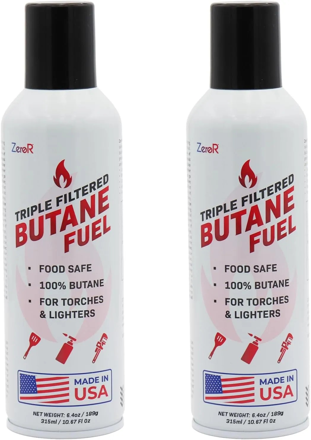 ZeroR® 100% Butane Fuel Refill | 10.67 fl oz 315ml | Made in USA | Butane Refill for Torch Lighter, Kitchen Torch, Refillable Lighters, 2 Cans
