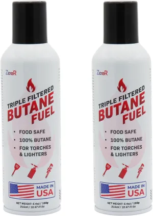 ZeroR® 100% Butane Fuel Refill | 10.67 fl oz 315ml | Made in USA | Butane Refill for Torch Lighter, Kitchen Torch, Refillable Lighters, 2 Cans