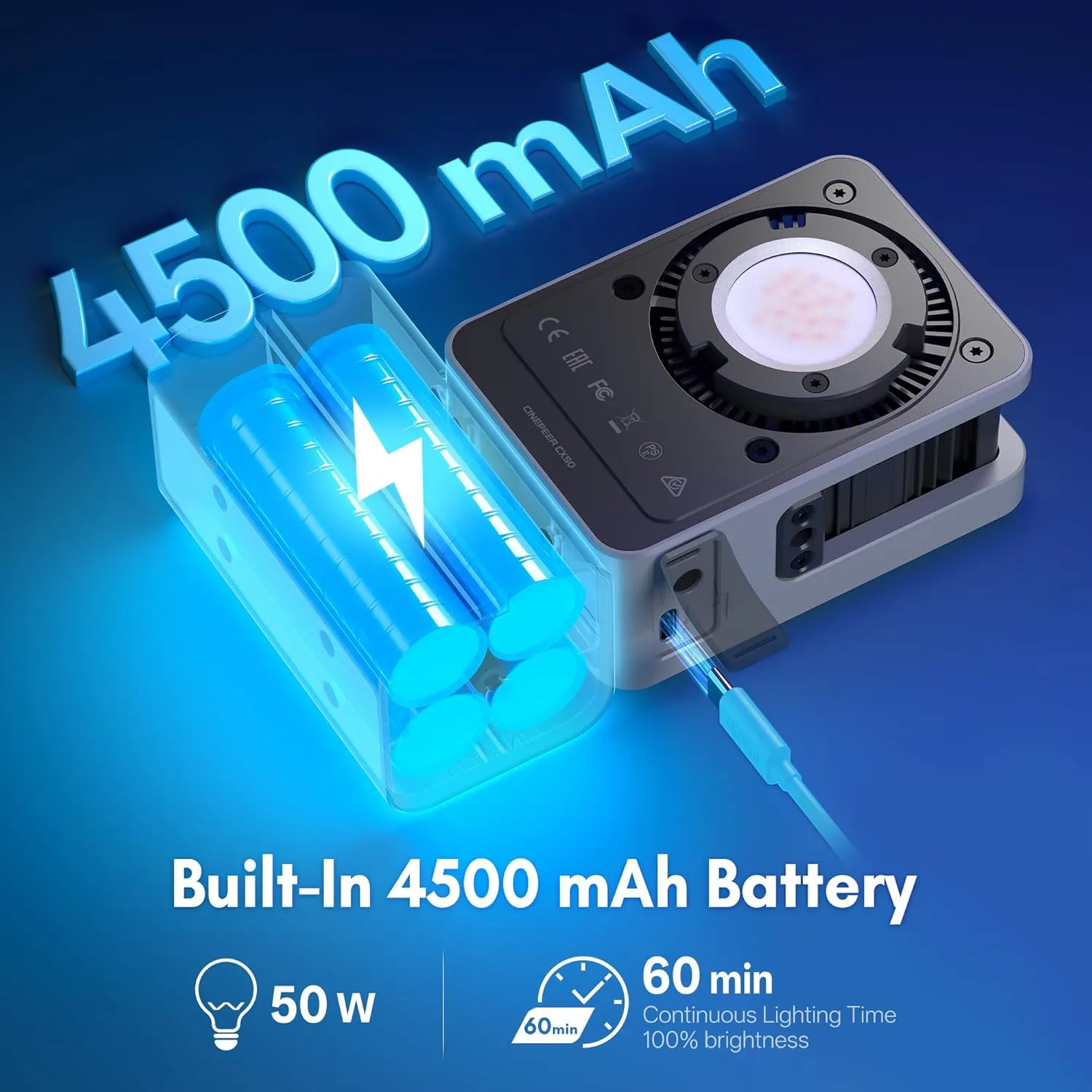 ZHIYUN CINEPEER CX50 [Official] 50W LED Video Light, 2700K-6500K Portable Camera Light, TLCI/CRI96 , APP Control with Battery, COB Continuous Output Lighting for Video & Location Shooting (Bi-Color)