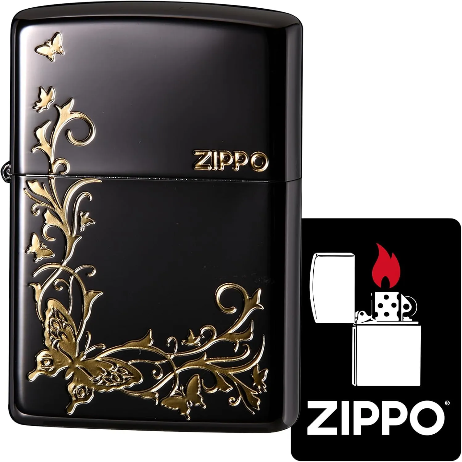 Zippo 2BKG-BUT Windproof, Brass Lighter, Butterfly, with Special Sticker, Black