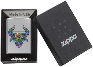 Zippo Bull Design Lighter, High Polish Chrome Finish – Vibrant Tribal-Inspired Artwork, Windproof & Refillable