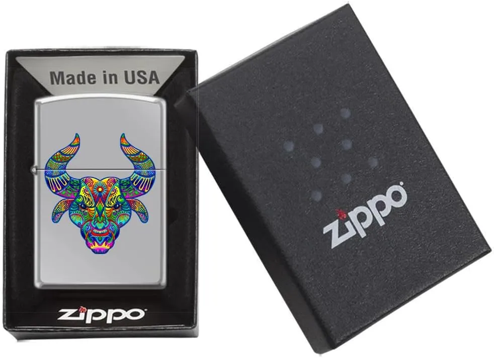Zippo Bull Design Lighter, High Polish Chrome Finish – Vibrant Tribal-Inspired Artwork, Windproof & Refillable