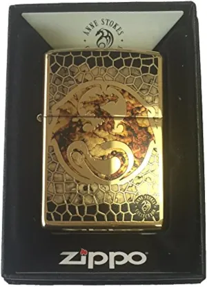 Zippo Custom Lighter - Ann Stokes Artist Dragon w/ Scales Design High Polish Brass