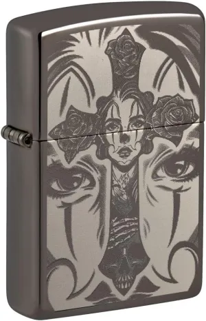 Zippo Day of The Dead Skull Cross Design Black Ice Pocket Lighter