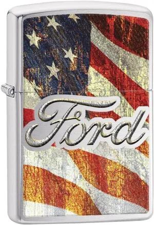 Zippo Lighter- Ford Logo US Flag Brushed Chrome Windproof Lighter #Z5064