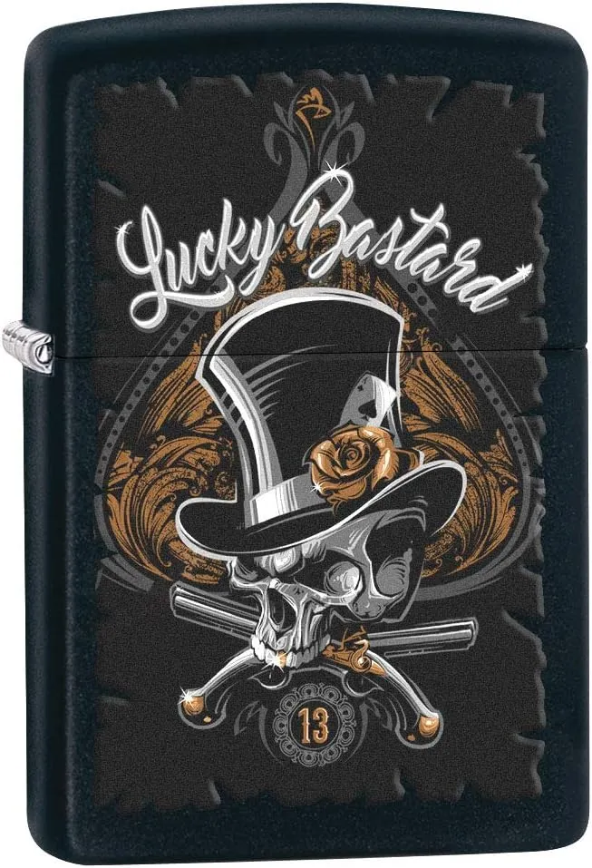 Zippo Lighter: Lucky Bastard Skull - Black Matte 80196