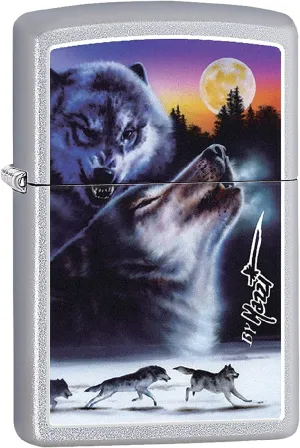 Zippo Lighter- Moon Howling Wolf Forest Satin Chrome Windproof Lighter #Z503