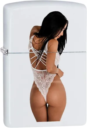 Zippo Lighter: Sexy Brunette Girl in White Lingerie - White Matte 79908