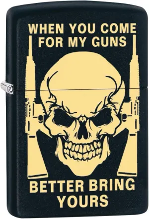 Zippo Lighter: Skull, Bring Your Guns Engraved - Black Matte 80430