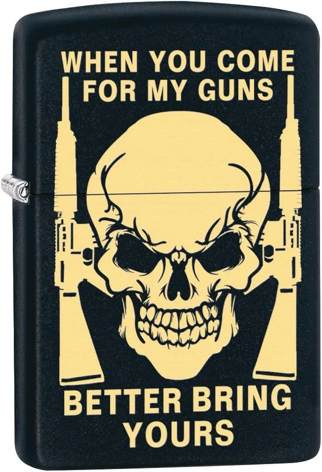 Zippo Lighter: Skull, Bring Your Guns Engraved - Black Matte 80430