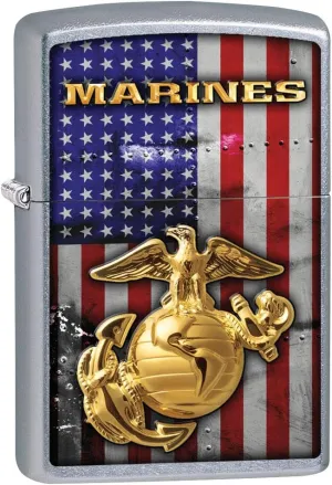 Zippo Lighter: USMC Marines Logo and American Flag - Street Chrome 80951