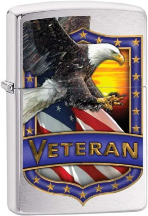 Zippo Lighter: Veteran Shield with Eagle - Brushed Chrome 79983