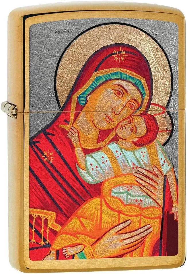Zippo Lighter: Virgin Mary with Child - Brushed Brass 80631