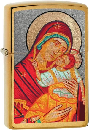 Zippo Lighter: Virgin Mary with Child - Brushed Brass 80631