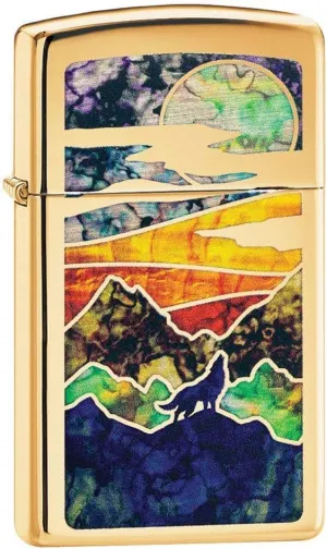 Zippo Slim High Polish Brass Howling Wolf Pocket Lighter