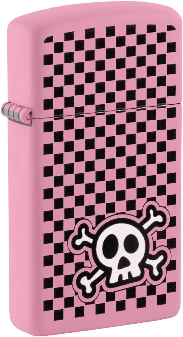 Zippo Unisex-Adult Skull Lighters, Slim Pink Matte Checkered Skull