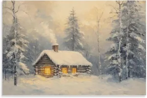 ZMLIS Snowy Log Cabin with Warm Glow - Rustic Winter Wall Art, Cozy Christmas Decor, Cottage Forest Scene Art Wall Decoration Poster Family Bar Restaurant Garage Cafe Art Sign Gift 12x18inch(30x45cm)