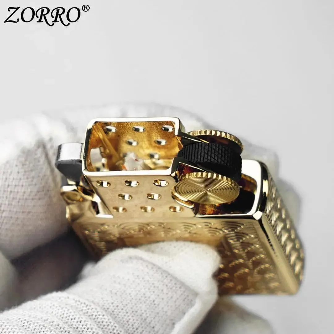 ZORRO 902 Inner Tank Kerosene Lighter – Refillable Flint Wheel Design, Universal Movement, Classic Officer Pattern Finish Gold