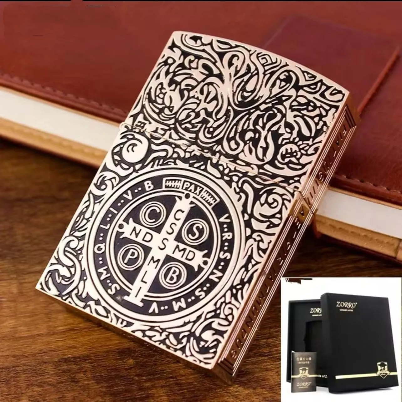 ZORRO Extra Large Lighter – Metal Constantine Design, Flint Ignition, Windproof Flame, Refillable Collector Shell for Gift Use Rose Gold(with Box)